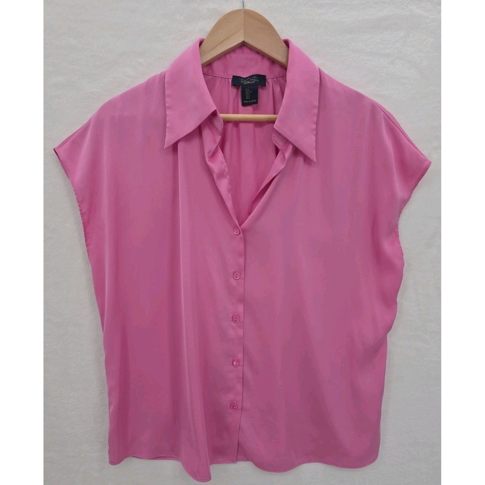 Rachel Roy Women's Hot Pink Blouse Button Front Collared Short Sleeve Workwear L